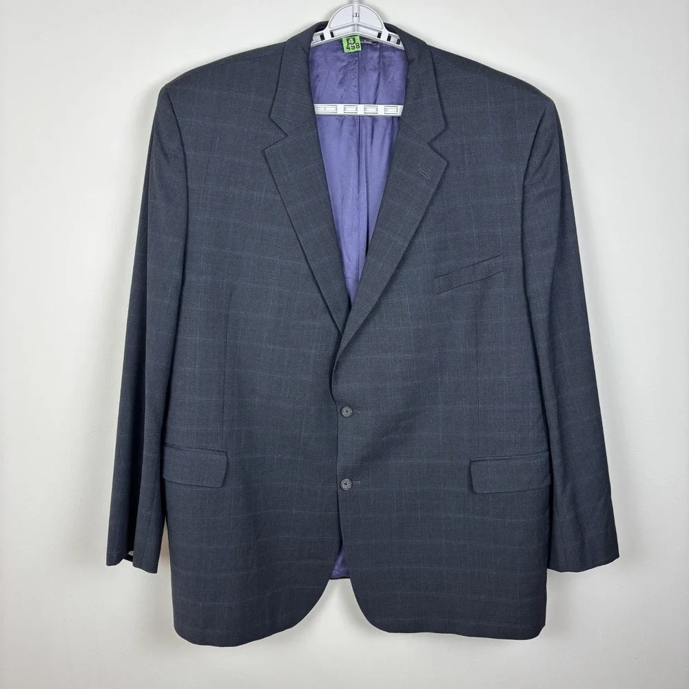 Jack Victor Suit Jacket Mens 56L Pants 52x31 Gray Windowpane Wool Reflex Stretch